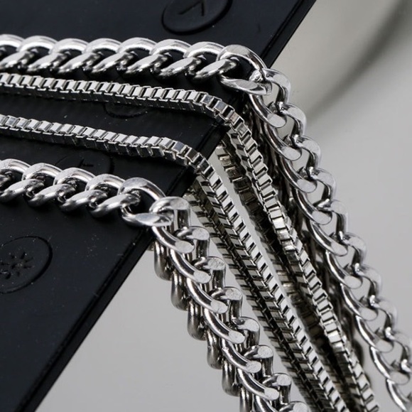 💎Black Rectangle Stone Titanium Steel Necklace Chain Double layer thick silver - Picture 9 of 10